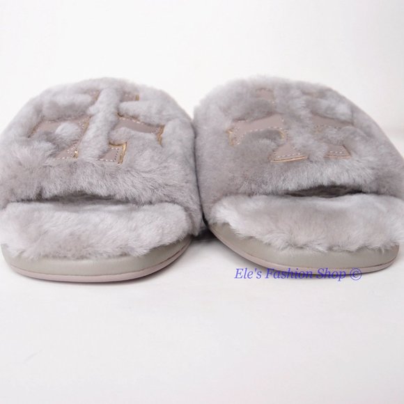 NIB Tory Burch Double T Shearling Slide Sandal GRAY HERON 6.5 7 7.5 8 AUTHENTIC - Picture 10 of 16